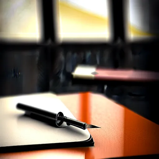 Image similar to highly detailed close up photo of an old worn notebook on wooden table, old table, feather pen, light coming out of near window, moody lighting, dim atmosphere, dust in air