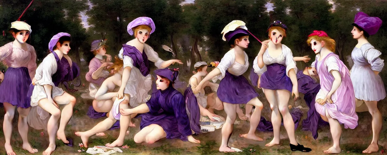 Prompt: A character sheet of full body cute magical girls with short blond hair wearing an oversized purple Beret, Baggy Purple overall shorts, Short Puffy pants made of silk, pointy jester shoes, a big billowy scarf, Golden Ribbon, and white leggings Covered in stars. Short Hair. Sunlit. Haute Couture. Art by william-adolphe bouguereau and Paul Delaroche and Alexandre Cabanel and Lawrence Alma-Tadema and Johannes Helgeson and WLOP. Smooth. Elegant. Highly Detailed. Intricate. 4K. UHD. Denoise.