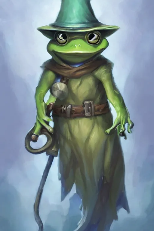 Image similar to cute little anthropomorphic frog wizard wearing a cape and holding a wand, tiny, small, miniature , baby animal, short, pale blue armor, cute and adorable, pretty, beautiful, DnD character art portrait, matte fantasy painting, DeviantArt Artstation, by Jason Felix by Steve Argyle by Tyler Jacobson by Peter Mohrbacher, cinematic lighting