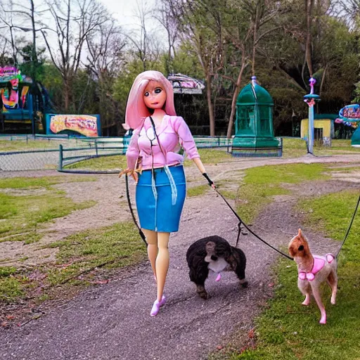 Image similar to barbie walking her dog in an abandoned amusement park