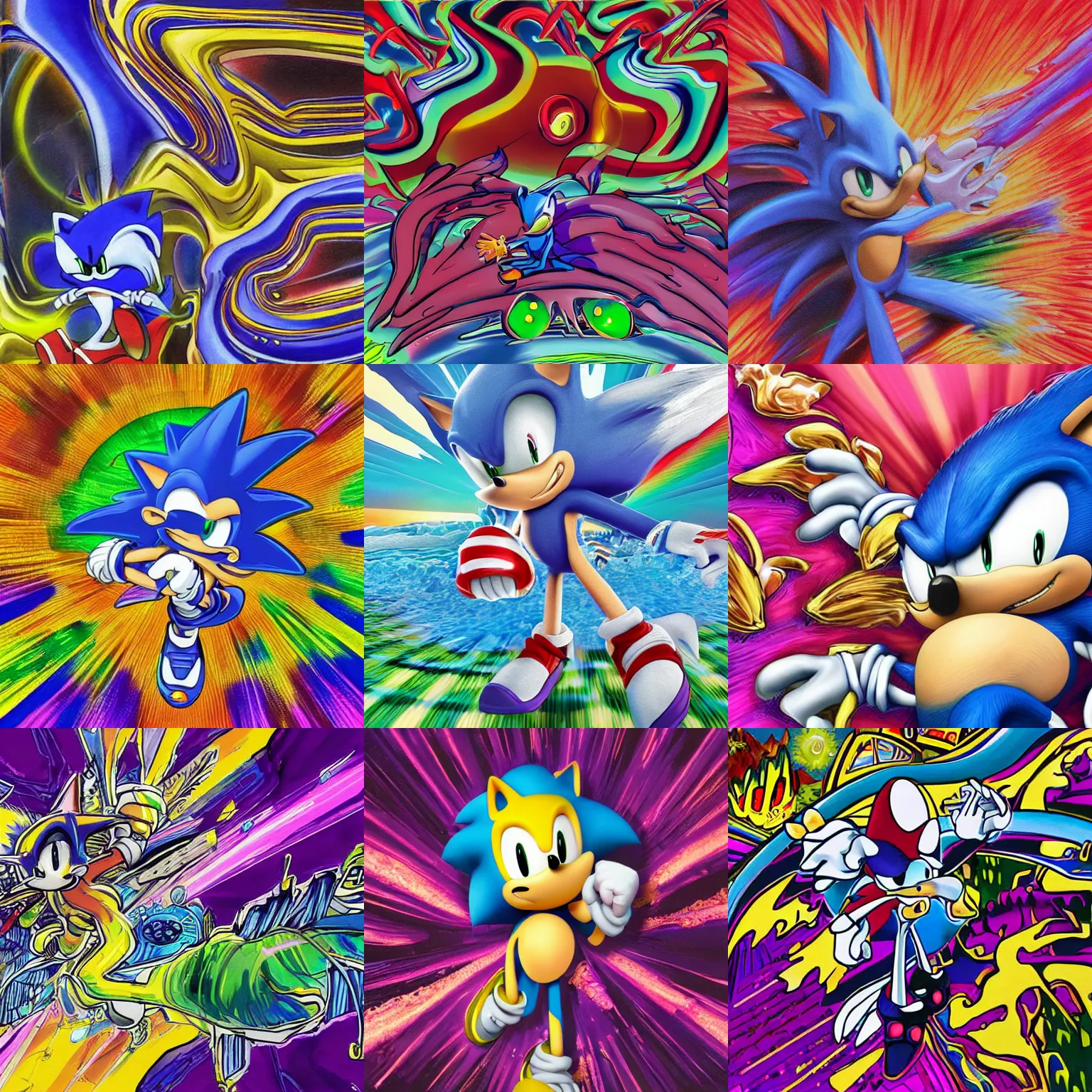 Image similar to sonic closeup of surreal, sharp, detailed professional, high quality airbrush art MGMT album cover of a liquid dissolving LSD DMT sonic the hedgehog surfing through cyberspace, purple checkerboard background, 1990s 1992 Sega Genesis video game album cover