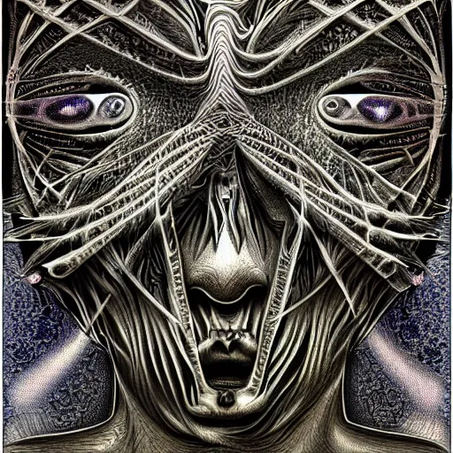 Prompt: ''fractal face dmt 20headed entity pablo amaringo hr giger intricate detail macro hyperrealistic