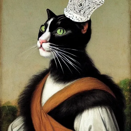 Image similar to renaissance portrait of a black and white cat wearing a crown, in the style of eugene de blaas