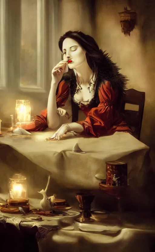 Image similar to a beautiful lady vampire falling asleep at a table, cinematic, art, epic, digital masterpiece, romantic lighting, pet hedgehog