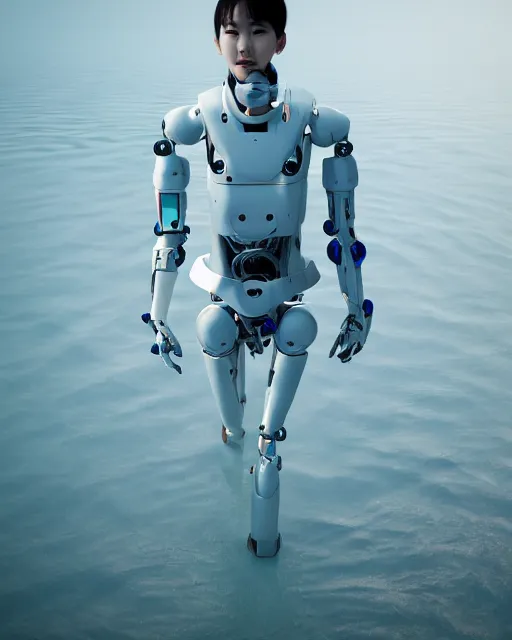 Image similar to beautiful centered photo portrait of hoyeon jung as a solarpunk robotic humanoid with white mechanical parts with bright halogen lights, walking through calm lake water, ultra - realistic and detailed, foggy background, soft focus, slow exposure hdr 8 k