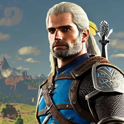 Prompt: Henry Cavill, Geralt of Rivia in The Legend of Zelda Breath of the Wild