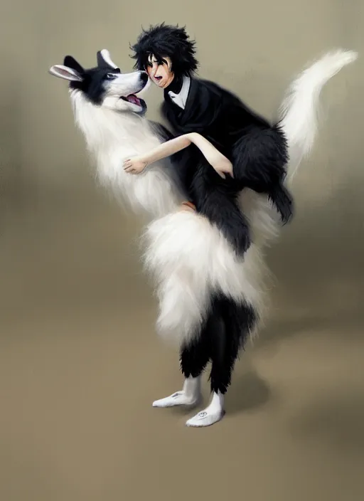 Prompt: wide shot painting of a male anthropomorphic border collie fursona dancing with a cute female anthropomorphic sheep fursona in a ballroom, beautiful, model pose, realistic proportions, highly detailed, scenic background, trending on artstation, art by charlie bowater and henry asencio and and ross tran