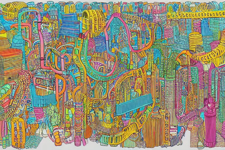 Image similar to an elaborate penned child illustration of a colorful intricate connected city of tubes and pipes, by martin handford and by jan van haasteren