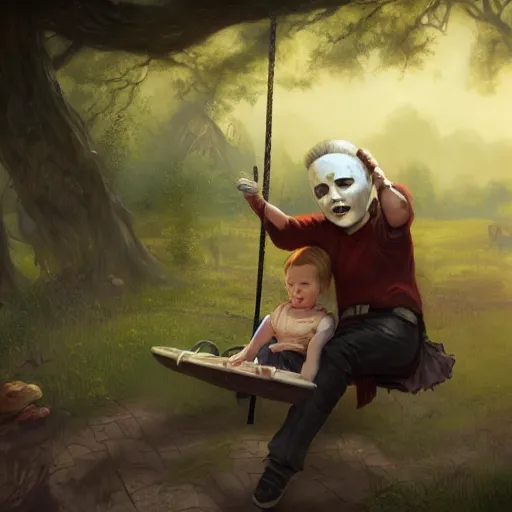 Image similar to Michael Myers is pushing his daughter on a swing, garden, summer, 8k resolution matte fantasy painting, cinematic lighting, DeviantArt, Artstation, Jason Felix Steve Argyle Tyler Jacobson Peter Mohrbacher