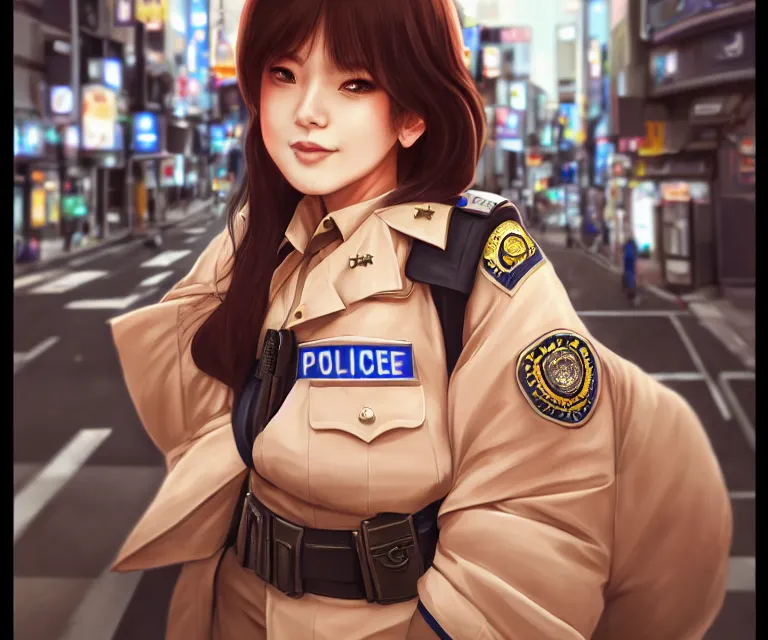 Image similar to police officer in tokyo by artgerm, intricate, face, symmetrical eyes, japanese akihabara street cityscape, elegant, beautiful, highly detailed, dramatic lighting, sharp focus, trending on artstation, artstationhd, artstationhq, unreal engine, 4 k, 8 k