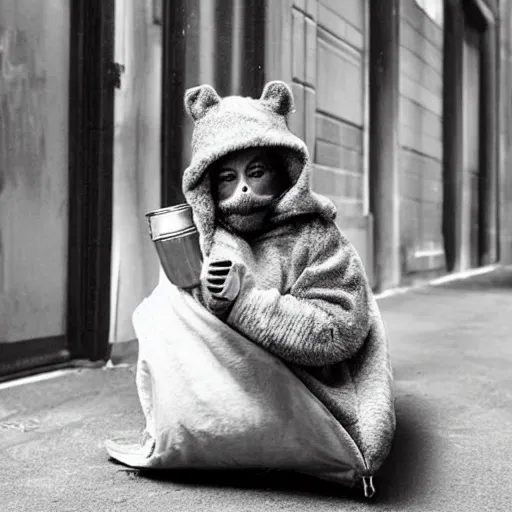 Image similar to “ hamster dressed as a homeless person sitting at an intersection with arms stretched out holding a tin can ”