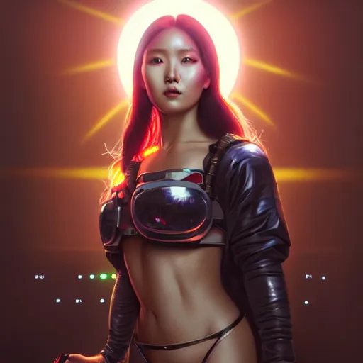 Image similar to portrait painting of hwasa as a cyberpunk technician with a halo and devil horns, ultra realistic, concept art, intricate details, eerie, highly detailed, photorealistic, octane render, 8 k, unreal engine. art by artgerm and greg rutkowski and magali villeneuve and alphonse mucha