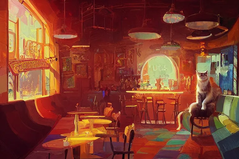 Image similar to a digital art of a cat sits on a chair in a bar in the afternoon, the sun shines in, animal, light effect, highly detailed, warm and delightful, by anton fadeev