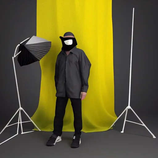 Prompt: photo studio with rainforest and foggy background. fisherman in yellow balenciaga cloth, plastic bag and black mask. photorealistic high resolution, redshift render, 8 k