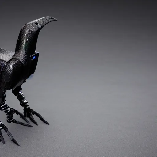 Image similar to a mid shot of a robot crow, very detailed, 8 k