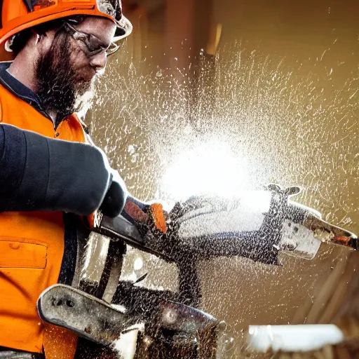 Image similar to man with chainsaw cutting a book in half, dust flying