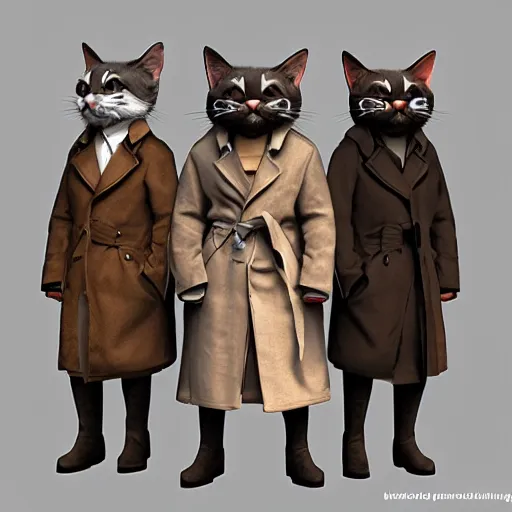 Prompt: three cats inside a trench coat disguised as one trying to sneak into a venue, artstation, ultra detailed, highly defined, octane render