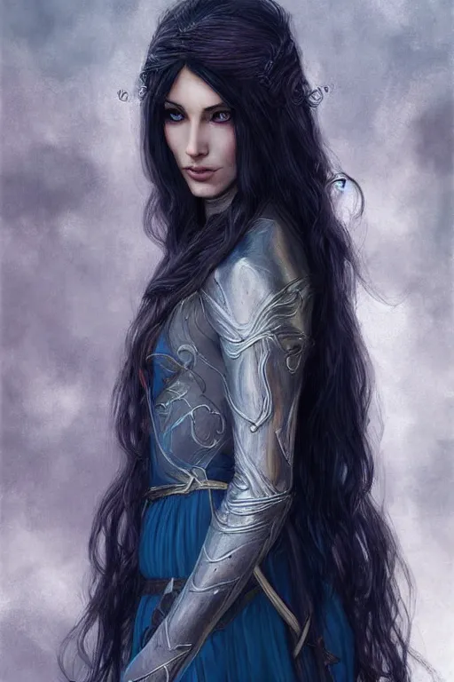 Prompt: portrait, headshot, digital painting, of elven warrior Arwen, beautiful, tall, long dark hair, dark blue satin dress, realistic, hyperdetailed, chiaroscuro, concept art, art by waterhouse