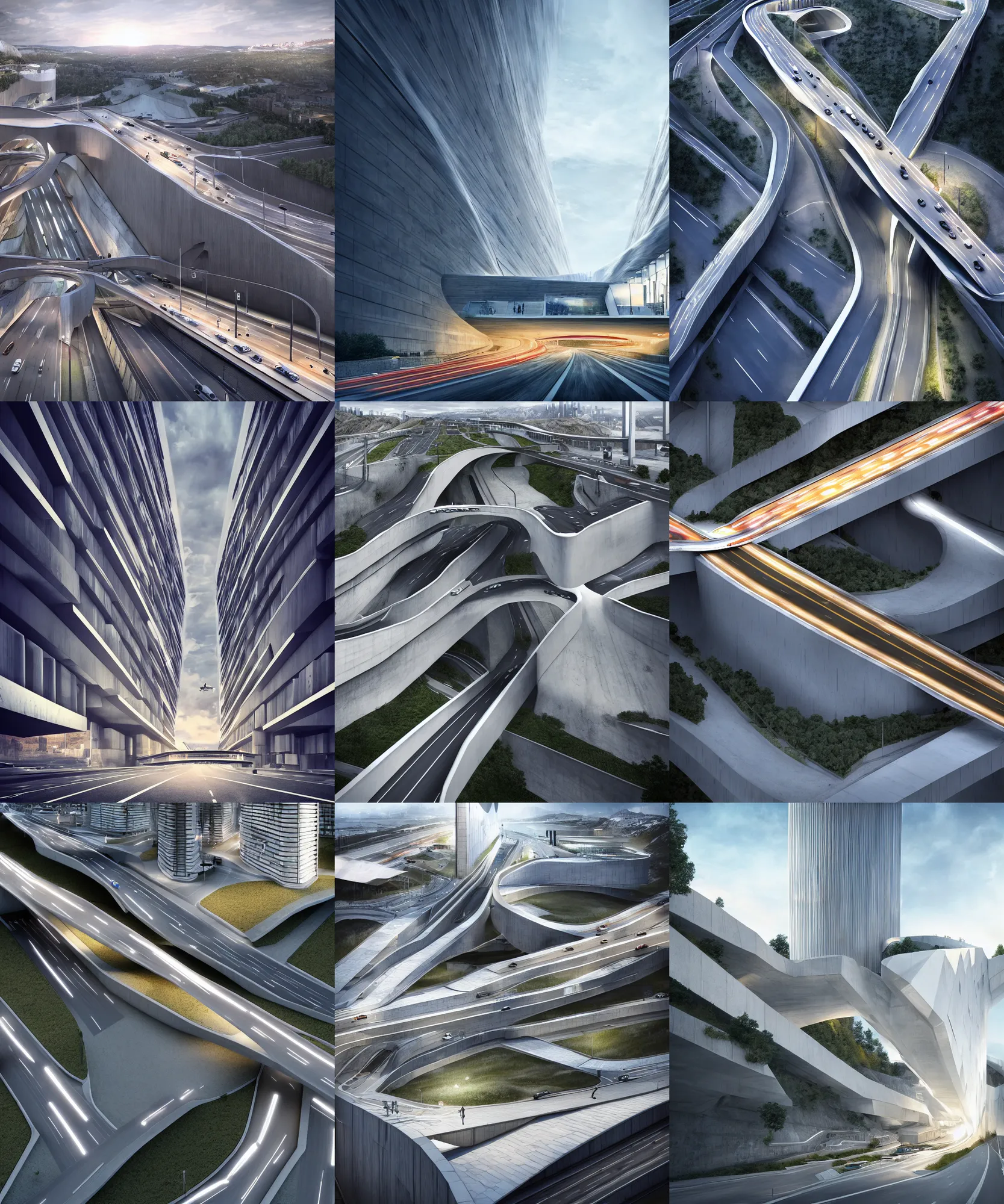 Prompt: modern bjarke ingels condo building and gotthard tunnel entrance combined, highway under bjarke ingels condo building, scifi artstation digital concept art, wide establishing shot, soft dramatic lighting