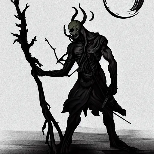 Image similar to gaunt bald pale white tiefling holding a staff made of gnarled wood, black raven sitting on staff, looming silhouette of undead god on horizon, three moons, illustration, sharp focus, highly detailed, digital painting