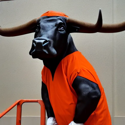 Prompt: bull wearing orange inmate clothes