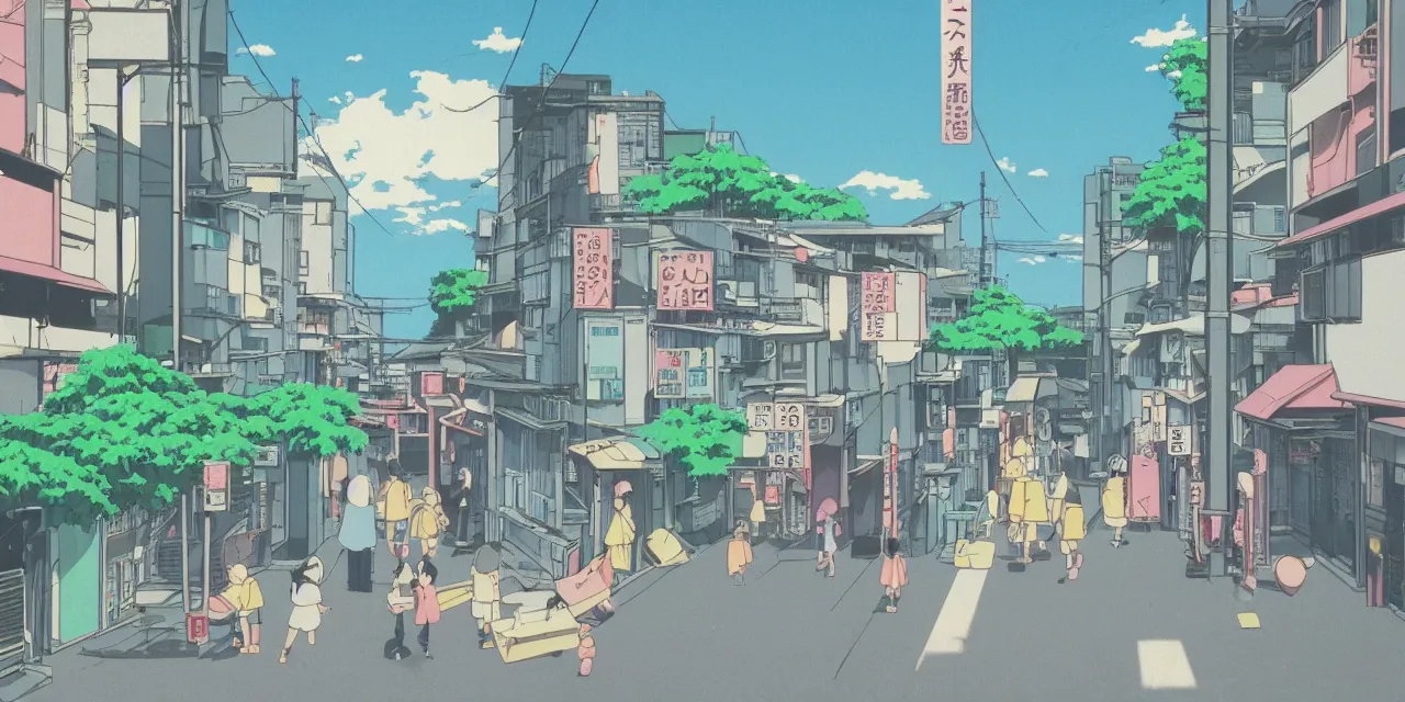 Image similar to A cute aesthetic still frame from an 80's or 90's anime, minimal street in Japan with a waterfall