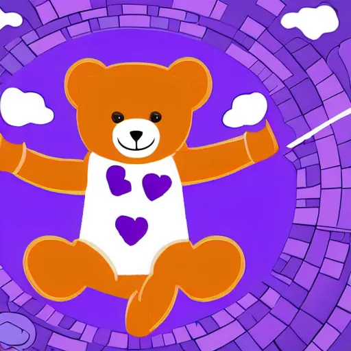 Image similar to cartoon bear wearing clothes being launched out of a futuristic machine into a purple and orange cloud land