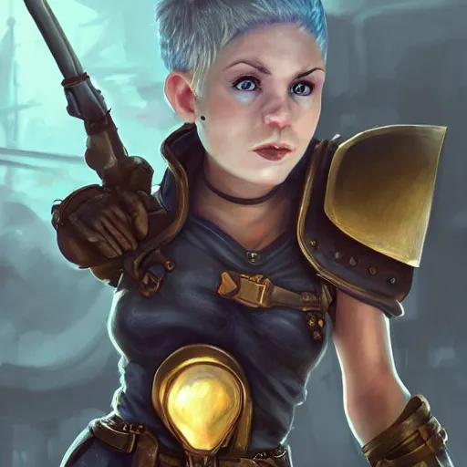 Prompt: scrappy female gnome mechanic with pixie undercut hair and one prosthetic metal gauntlet arm standing on a ship deck, naval background, fantasy, D&D, full body portrait, highly detailed, digital painting, HD, trending on ArtStation, dark fantasy, great composition, concept art, matte, sharp focus, illustration, art by artgerm and greg rutkowski