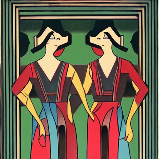 Prompt: a pair of twins on the streets of a modern city, art deco, therese nielsen