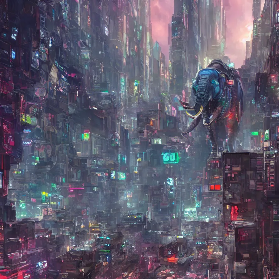 Prompt: a cybernetic elephant walting through a cyberpunk city by juan p. osorio and thomas kinkade, 4 k ultra, trending on artstation.