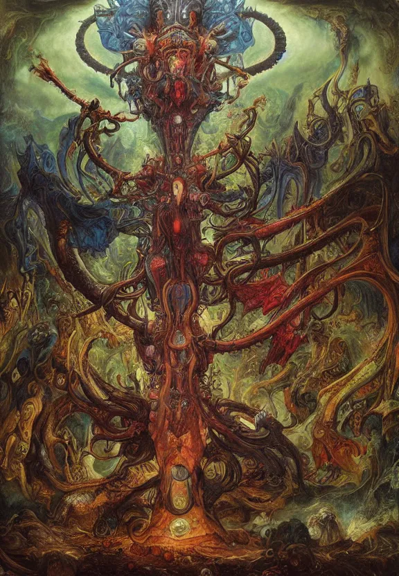 Image similar to colorful muscular eldritch demons radiating town fractal, by h. r. giger and esao andrews and maria sibylla merian eugene delacroix, gustave dore, thomas moran, pop art, chiaroscuro, biopunk, art nouveau