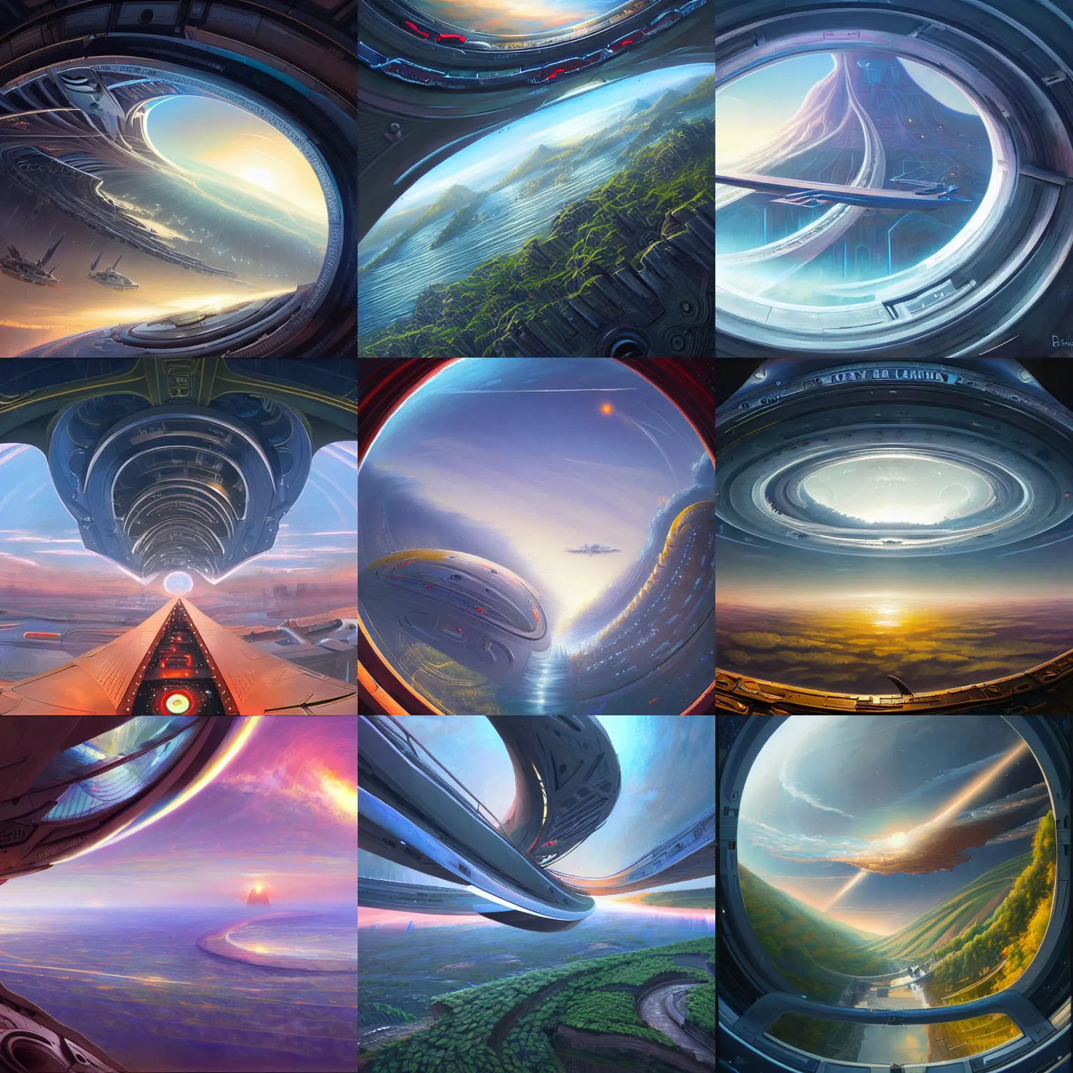 Prompt: view from an orbital bridge, curved, futuristic, mechanical, alive, technological, utopia, highly intricate, art by Noah Bradley