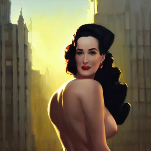 Image similar to closeup portrait of dita von teese, dramatic lighting, city background, sunset, chiaroscuro, complementary contrast high detail, painted by greg rutkowski, painted by igor kieryluk, painted by bobby chiu, trending on artstation