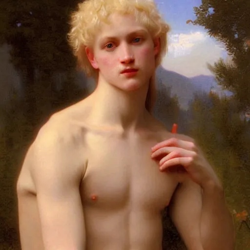 Image similar to PORTRAIT Painting of an albino germanic male Venus Apollo. LONG CURLY light blond hair. Sharp angular face high cheekbones hooked nose. Art by william adolphe bouguereau. During golden hour. Extremely detailed. Beautiful. 4K. Award winning.