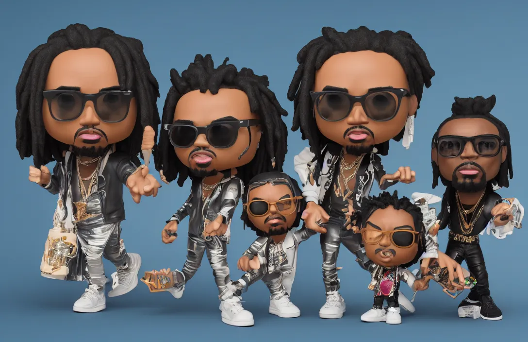 Image similar to funko pop of rap trio migos members quavo, offset and takeoff, product shot, macro, hyper realistic, octane render, unreal engine, 4 k, 8 k