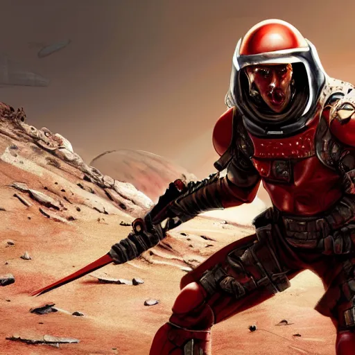 Image similar to a muscular soldier with vertical nose slits, angular eyebrows, wearing blood - spattered glossy sleek white dinged scuffed armor and a long torn red cape, heroic posture, battle - weary, strained expression, determined expression, no helmet, on the surface of mars, dramatic lighting, cinematic, sci - fi, hyperrealistic, detailed