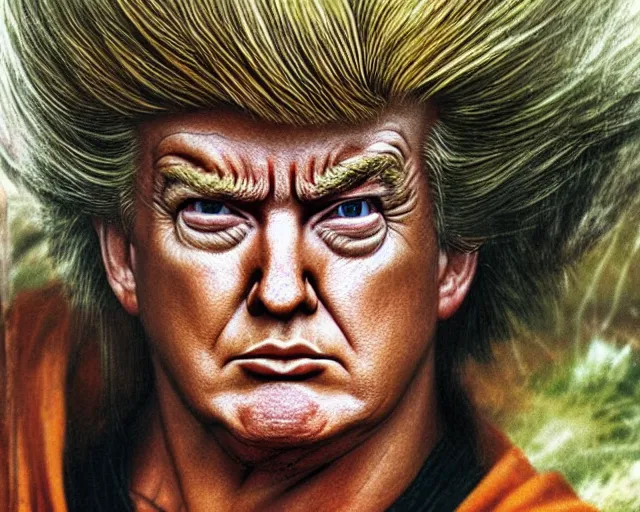 Image similar to award winning 5 5 mm close up face portrait photo of trump as songoku, in a park by luis royo. rule of thirds.