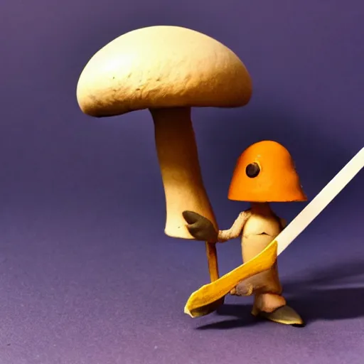 Image similar to a claymation mushroom holding a cardboard sword