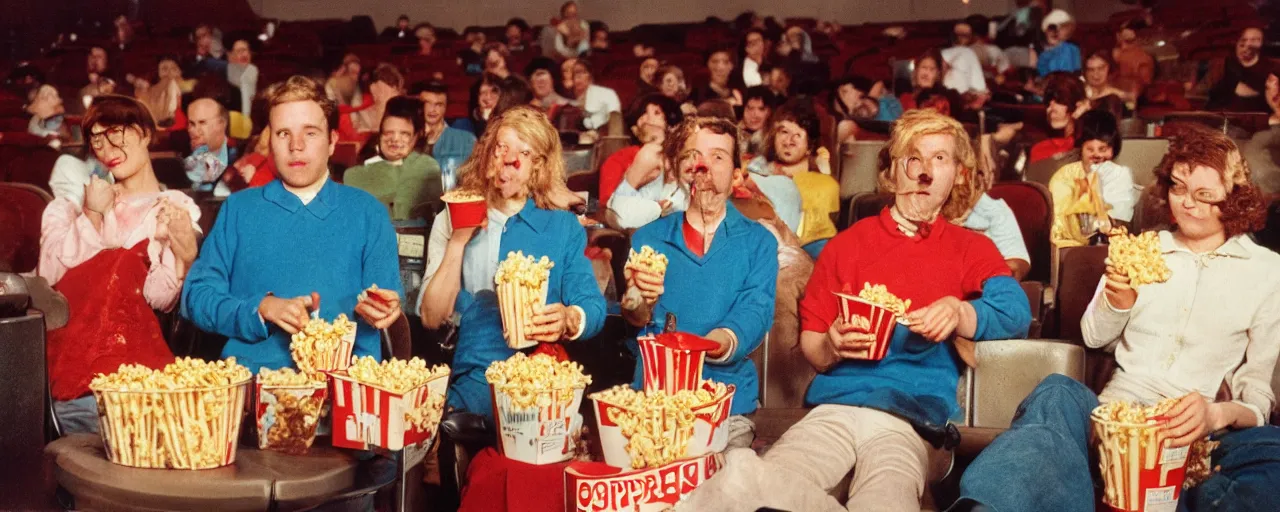 Image similar to people at the movies eating spaghetti out of a popcorn container, kodachrome, in the style of wes anderson, retro