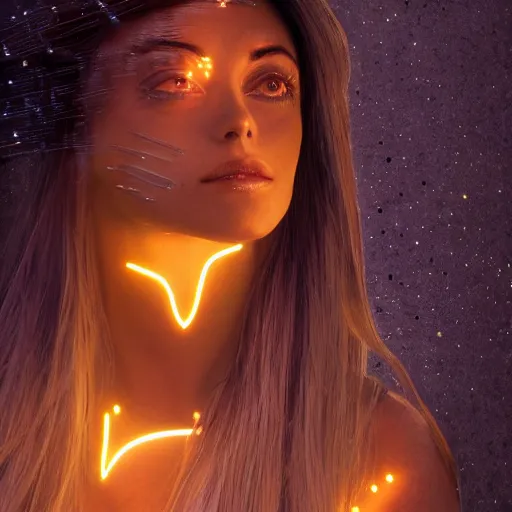 Prompt: beautiful Fine art photo of enraptured young Marta Sanchez as a solarpunk robotic goddess, white mechanical parts with led lights, photorealistic, centered, torso and face, highly detailed and intricate, sunset lit, 8k