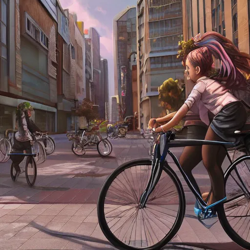 Prompt: girl riding on bike through city, digital art, by ben weiner, richard estes, range murata, akiyuki shinbou, yoshitaka amano, wlop, highly detailed, realistic, cinematic, bold colours, photorealism, 4 k, wide angle lens, trending on artstation, artgerm