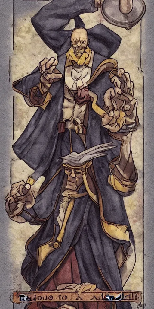 Image similar to the judge from Ace Attorney with a scale in one hand. Tarot card Justice, impressive art, detailed, singe subject