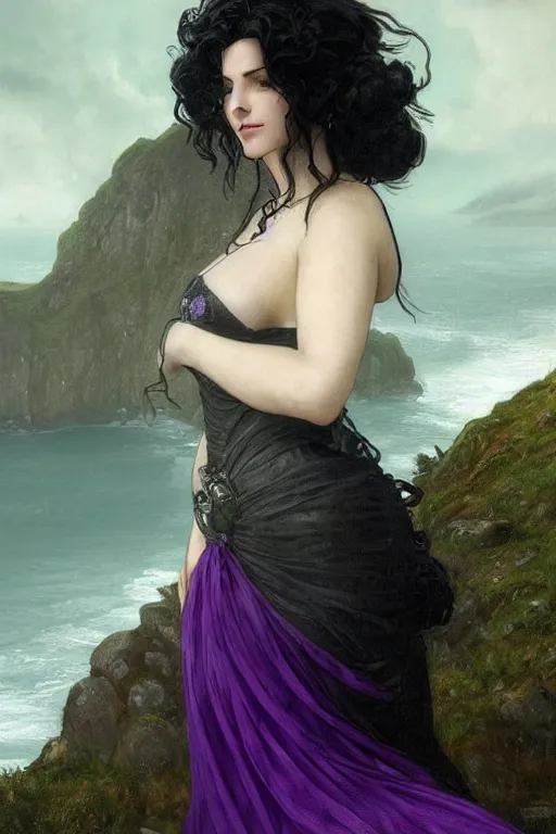 Prompt: a hyperdetailed matte painting of yennefer as a goth princess asleep on a bed in a tower, long purple and green dress, sleeping princess!!!, window that overlooking cliffs and crashing waves in the background, highly detailed, deep focus, elegant, digital painting, sharp focus, ultra realistic, 8 k, art by greg rutkowski and rembrandt and alphonse mucha