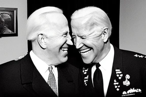 Image similar to “ very very intricate photorealistic photo of hitler and joe biden laughing together, detailed natural lighting, award - winning crisp details ”