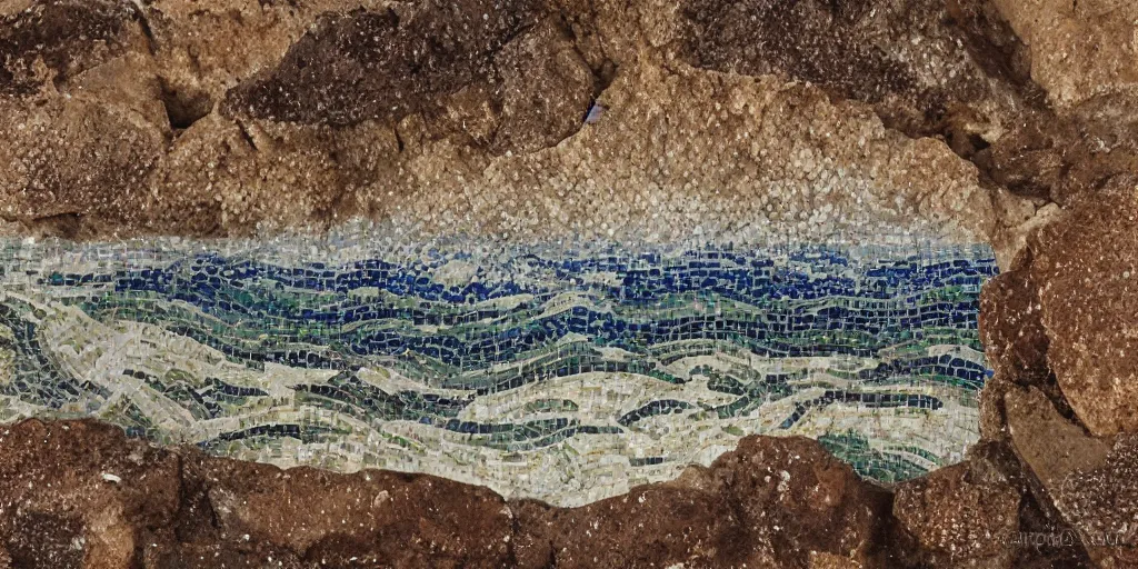 Image similar to roman mosaic on cave wall of sea with waves and foam, realistic, detailed