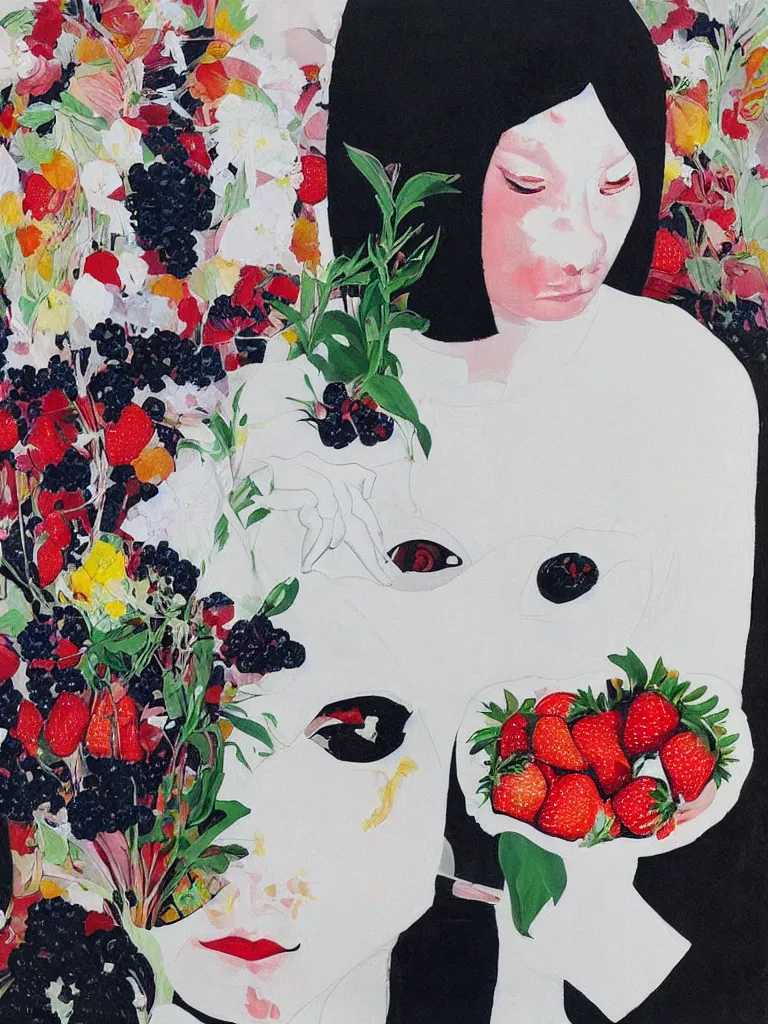 Image similar to “art in an Australian artist’s apartment, portrait of a woman wearing white muslin, eating luscious fresh raspberries and strawberries and blueberries, white wax, edible flowers, Japanese pottery, ikebana, black walls, acrylic and spray paint and oilstick on canvas”