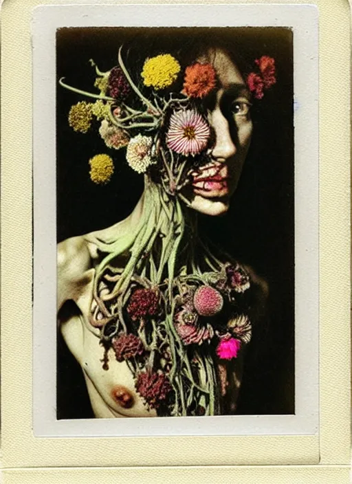 Image similar to beautiful and detailed rotten woman made of plants and many types of flowers like carnation, chrysanthemum and tulips, muscles, intricate, organs, ornate, surreal, john constable, guy denning, gustave courbet, caravaggio, romero ressendi 1 9 1 0 polaroid photo