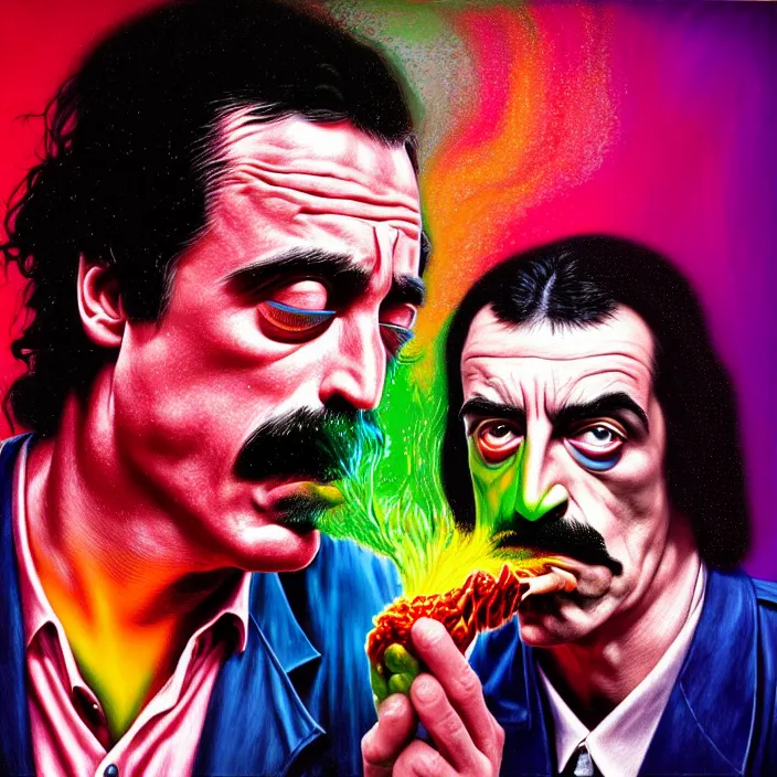 Image similar to bright psychedelic mike patton eating frank zappa who is puking hitler, diffuse lighting, fantasy, intricate, elegant, highly detailed, lifelike, photorealistic, digital painting, artstation, illustration, concept art, smooth, sharp focus, art by francis bacon