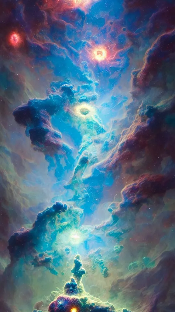 Image similar to psychedelic transcendent puffs! of smoke, space, supernova, nebulae, pillars of creation, enlightenment, high contrast lighting, highly detailed, concept art, art by collier, albert aublet, krenz cushart, artem demura, alphonse mucha