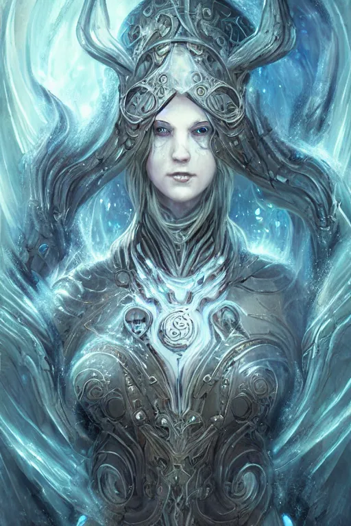 Image similar to Ethereal Beautiful Flame Goddess wearing Biomechanical Armor Imbued with Glowing Water Runes, digital art, fantasy, magic, professional illustration by Seb McKinnon, WLOP, and artgerm, illustration